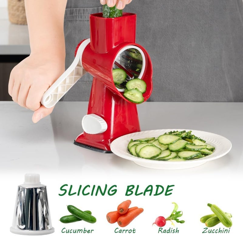 Maxceysen 3 in 1 Manual Vegetable Cutter Machine with Stainless Steel Changeable Blades Rotary Cheese Grater Kitchen Tool Potato Slicer Shredder Nuts Chocolate Chopper (Red white) - Image 2